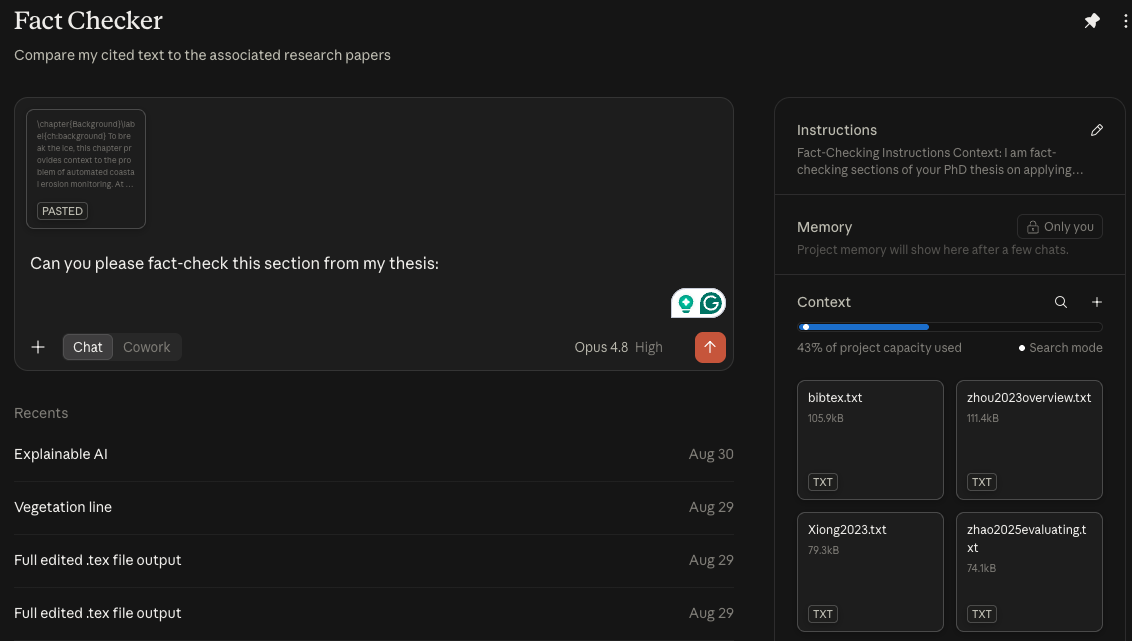 Screenshot of a Claude Code project showing the fact-checking instructions, a thesis passage pasted into the chat, and the cited papers stored as text files in the project context.