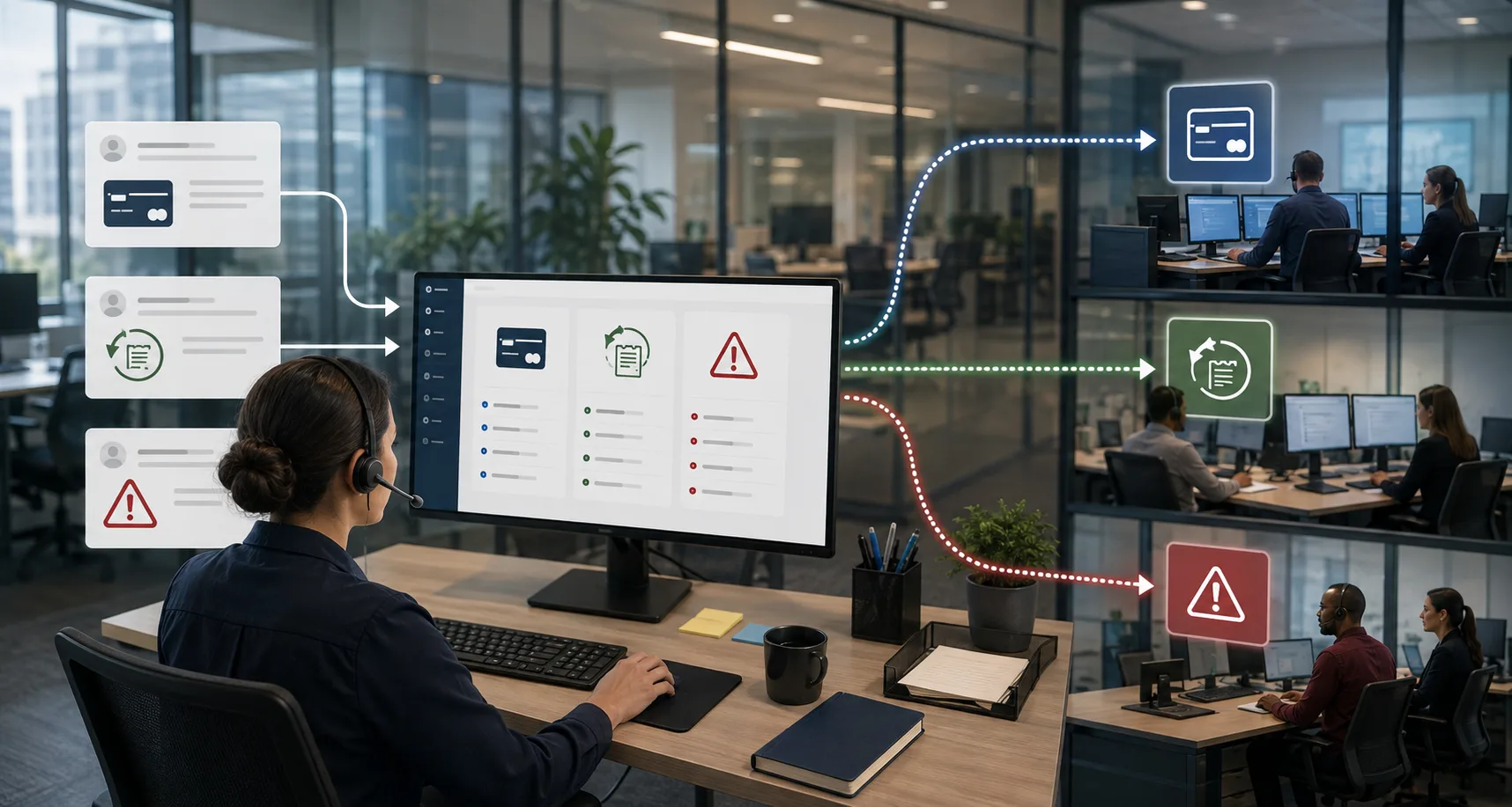 A bank support analyst routes incoming customer messages about lost cards, refunds, and incorrect charges to separate support teams.