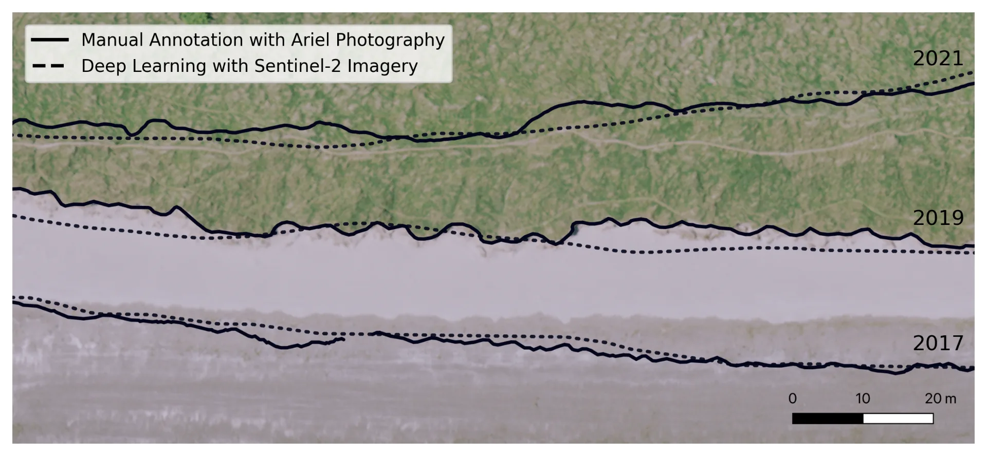 intro_vegetation_lines Map of Bull Island, Ireland, overlaying vegetation lines for 2017, 2019 and 2021 from manual GSI annotation and a machine learning model using Sentinel-2 imagery.