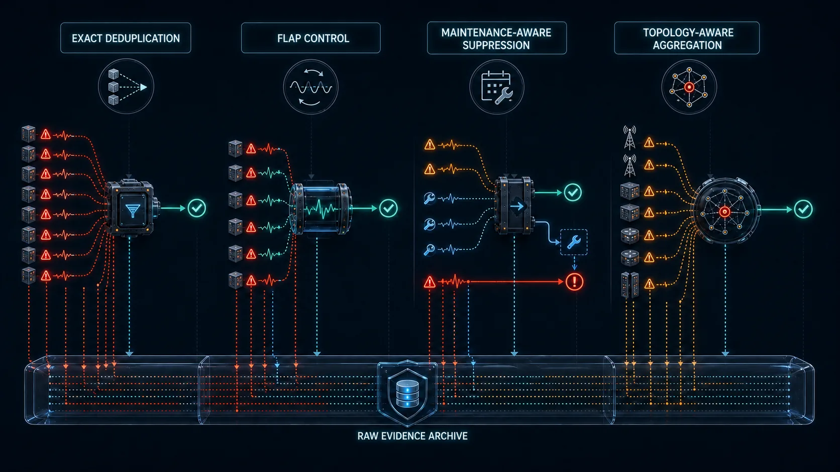 Four noise-reduction controls—deduplication, flap control, maintenance-aware suppression, and topology-aware aggregation—preserve all raw evidence in an audit layer.