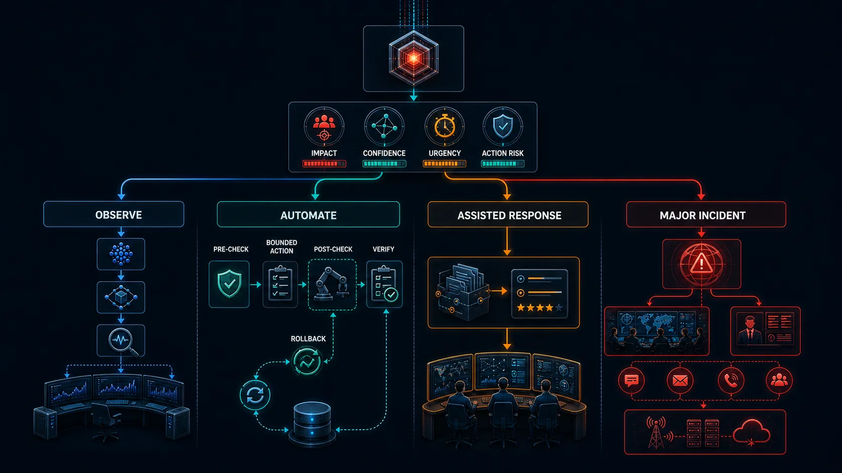 An enriched telecom incident routed through a policy gate into observe, guarded automation, assisted human response, or major-incident command lanes.