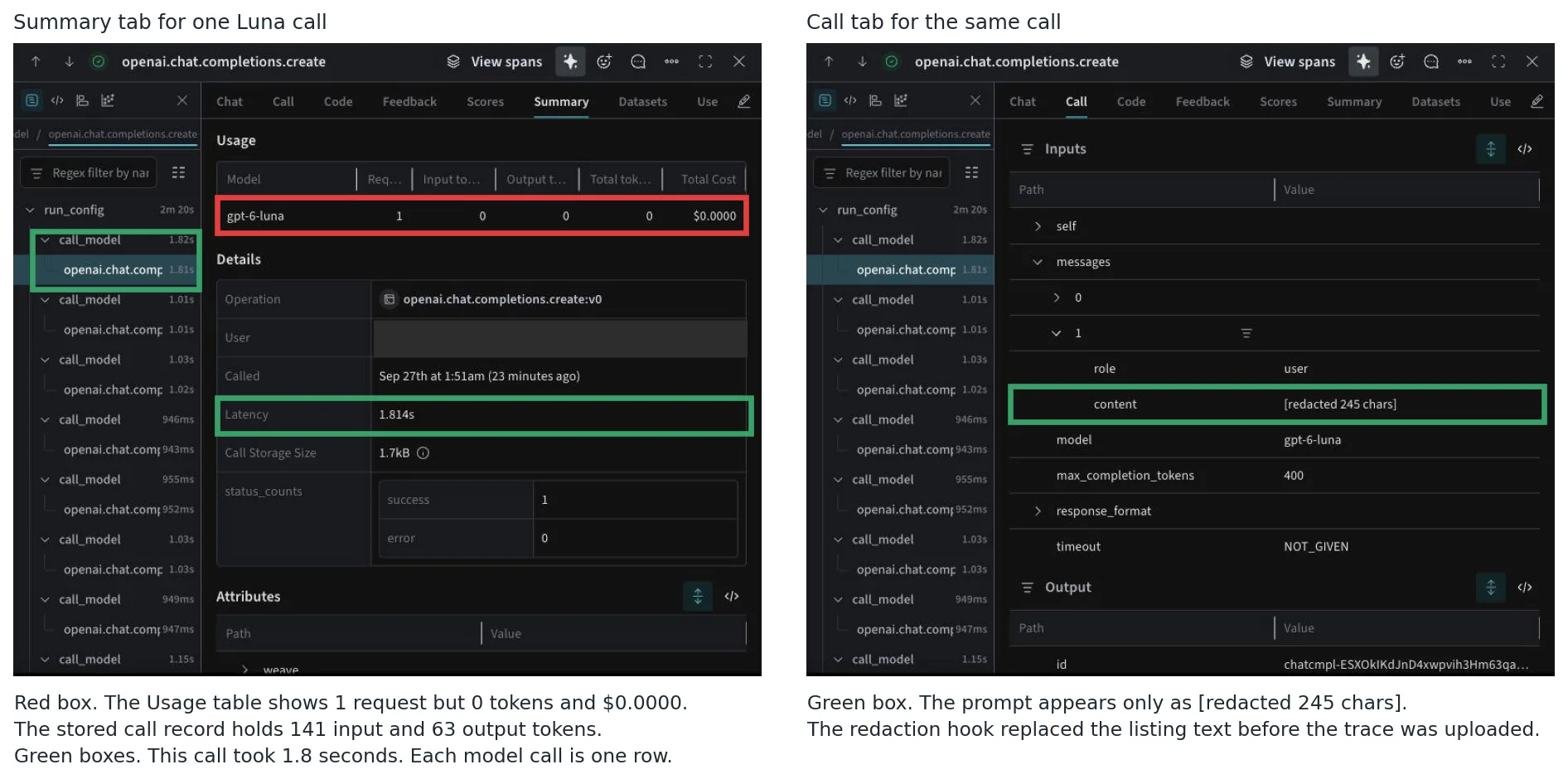 Two views of one Weave trace call, with the Usage table reading zero tokens and a prompt shown only as a redaction note.