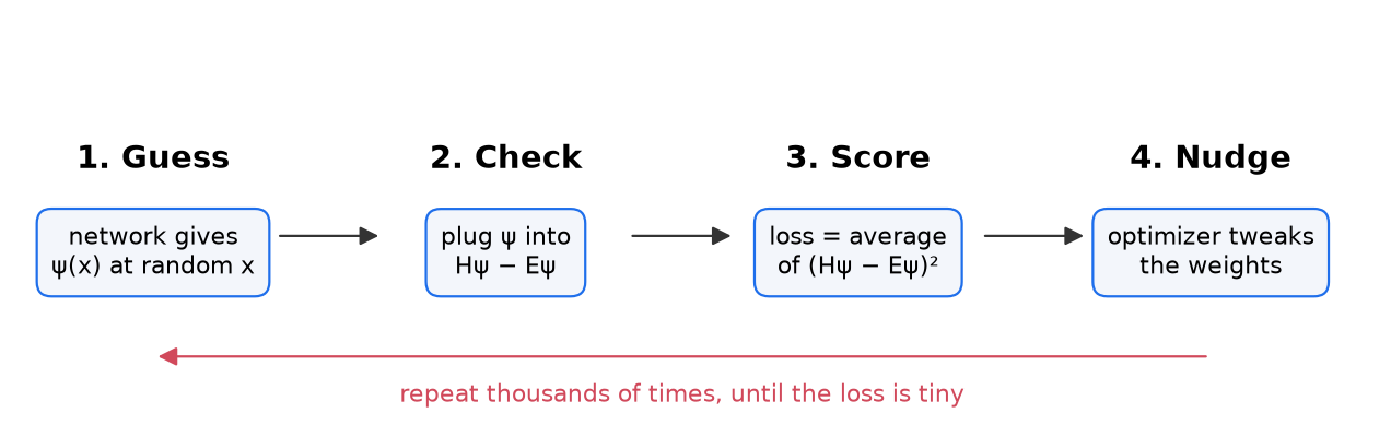 The PINN training loop: guess, check, score, nudge, repeat