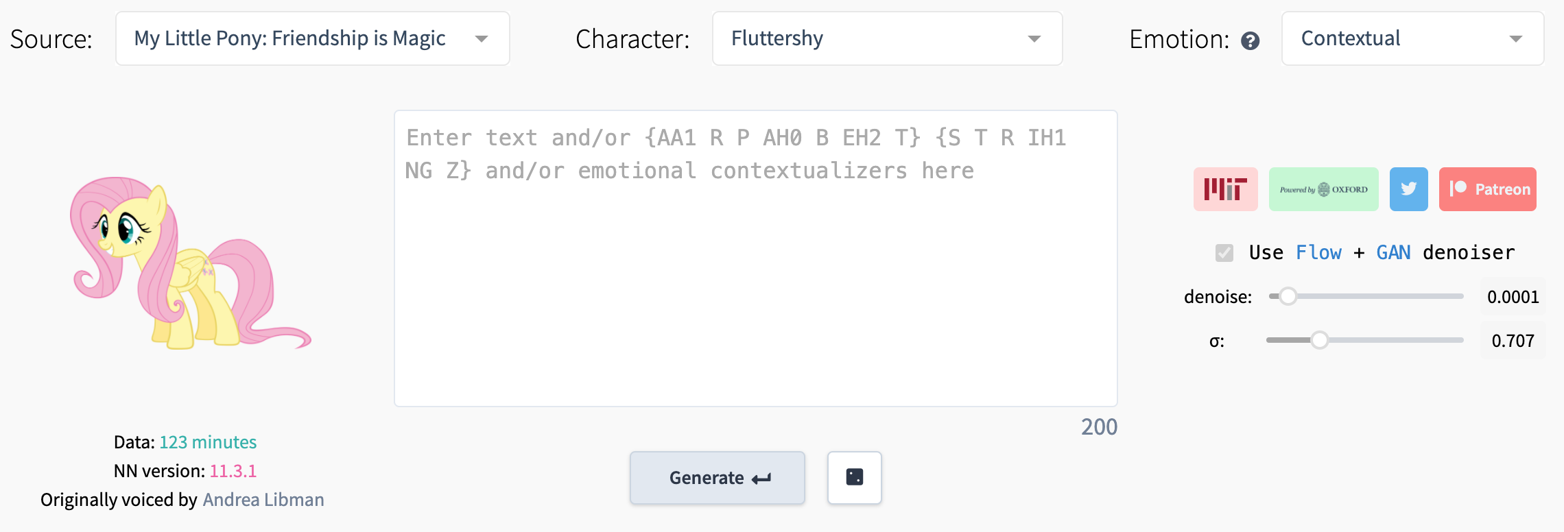 Screenshot of MLP Character in 15.ai by Author