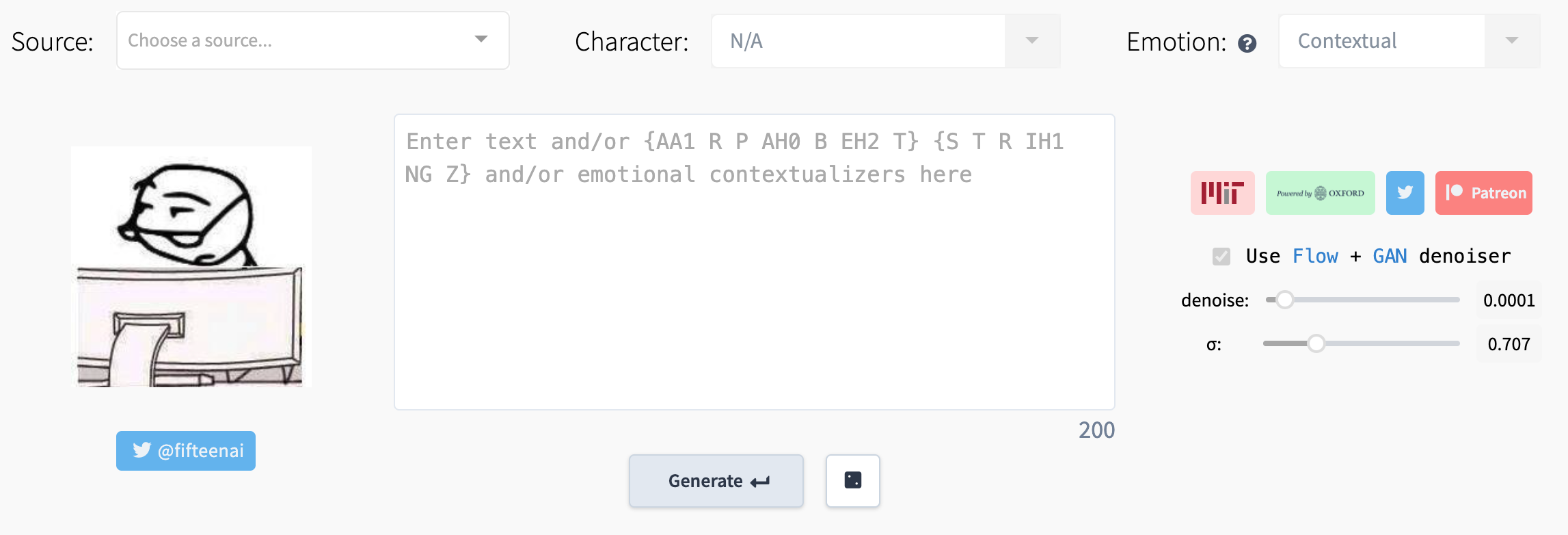 Screenshot of 15.ai by Author