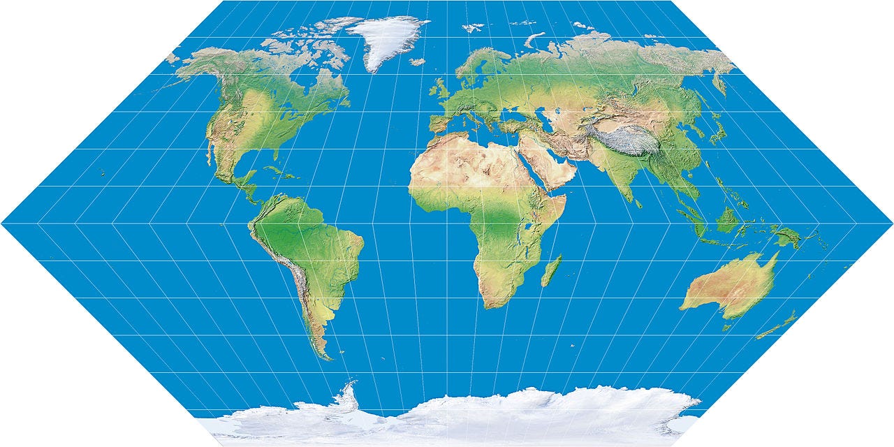 Map Projections show a 3D sphere on a 2D surface (Source)