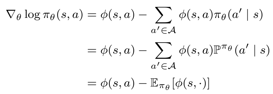 Score function for discrete policy gradient. The score function is the feature vector for the selected action minus the weighted feature vector over all actions.