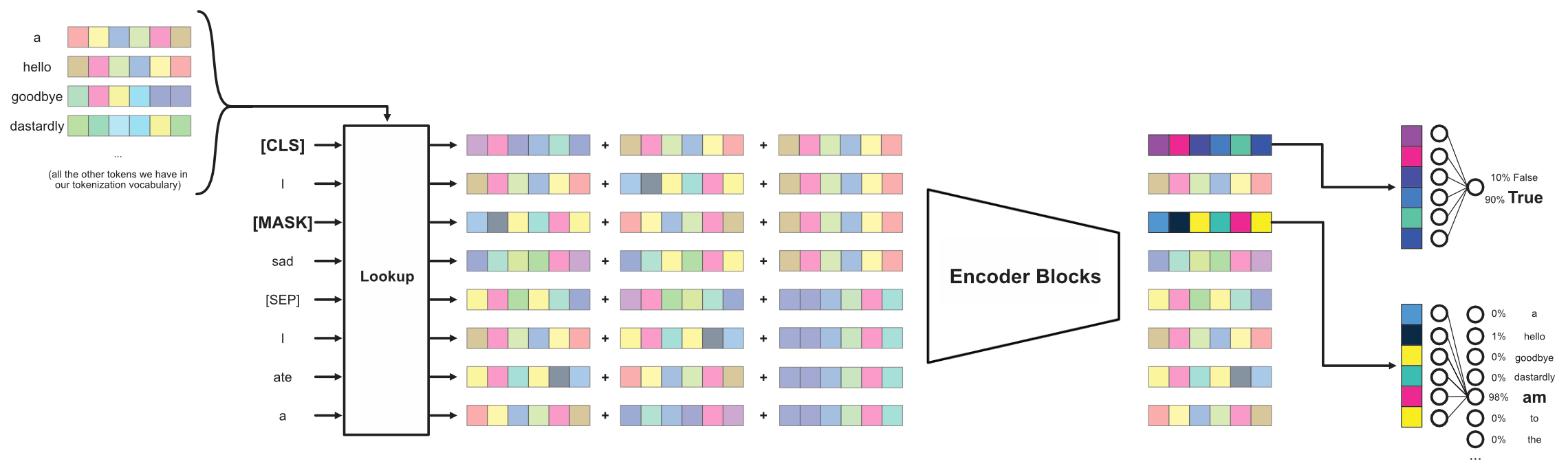 A conceptual diagram of the inputs and the outputs of a BERT style model. At the end, the output corresponding to the CLS token will be used in next sentence prediction, and any masked tokens in this case only one will be passed through a dense network to generate a token prediction.
