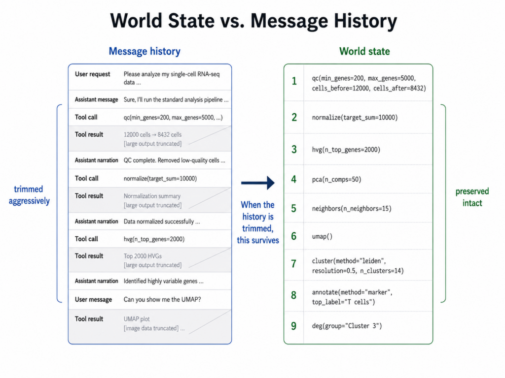 Diagram showing a structured world state that records tool inputs, outputs, parameters, and analysis decisions separately from the raw conversation history.